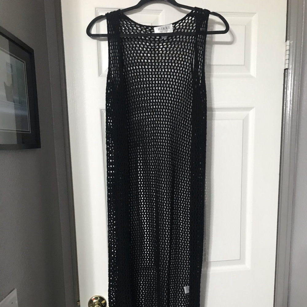 $5 SALE. Nikki Poutos long crochet sleeveless sweater.